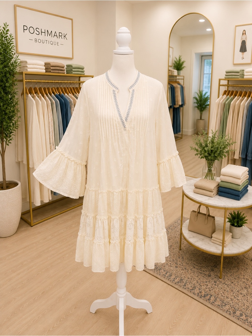 See and Be Seen Large Pale Yellow Lace Tiered Dress Silver Embroidered Boho